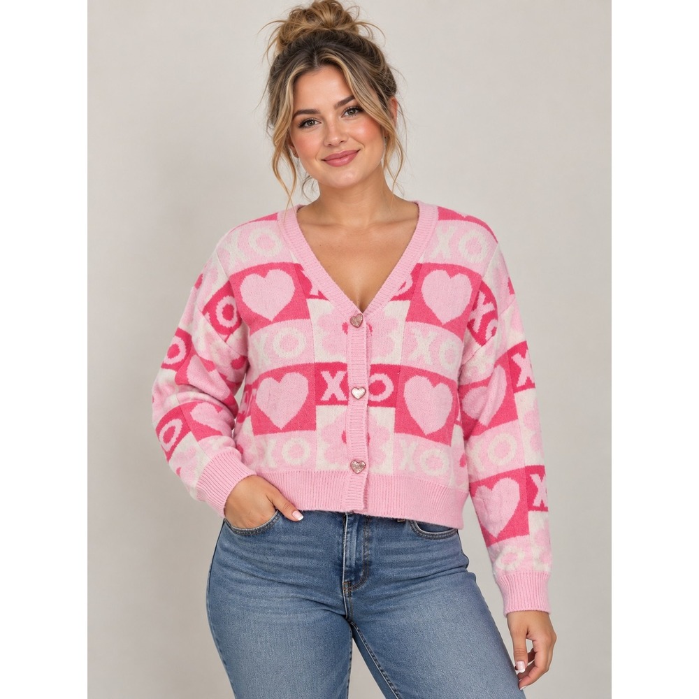 Serra Womens M Pink White V-Neck Button Cardigan Sweater Heart XO Jacquard